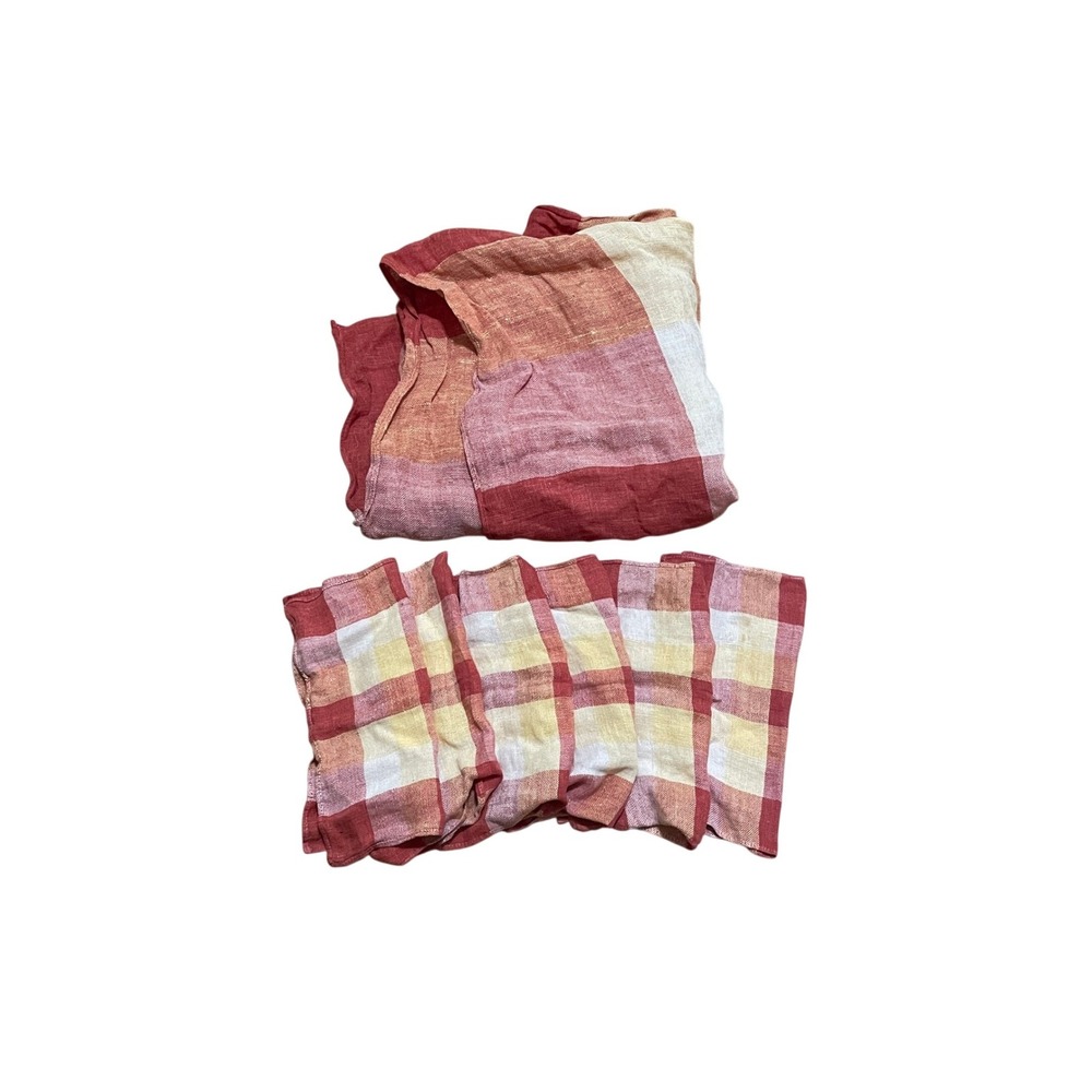 VTG Red Orange Linen Buffalo Check Tablecloth and 6 Napkins Set Farmhouse 48x48